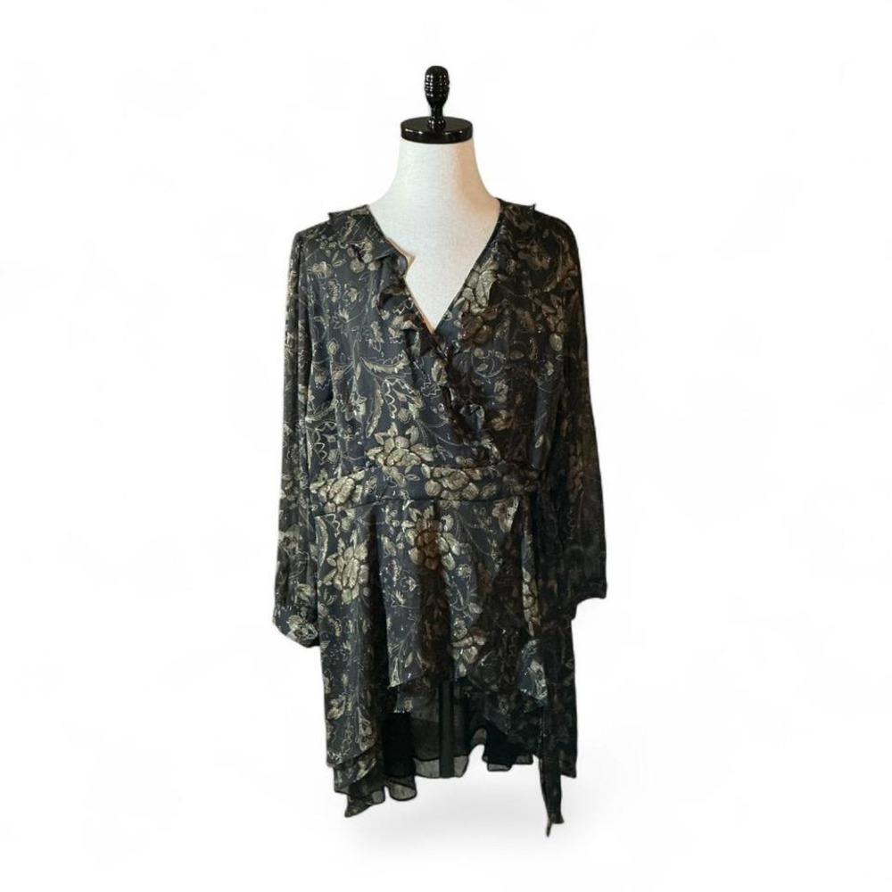 Torrid Black Gold Floral Print Ruffle Wrap Midi Dress Plus Size 4 Cottagecore